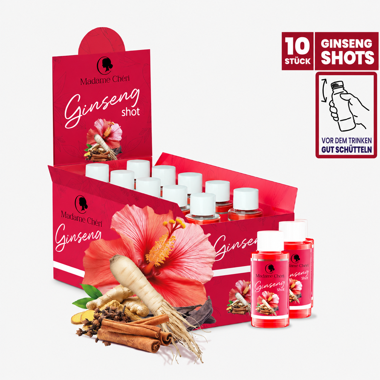 Ginseng Shot Display mit 10 Shots á 50g – Fokus für deinen Tag