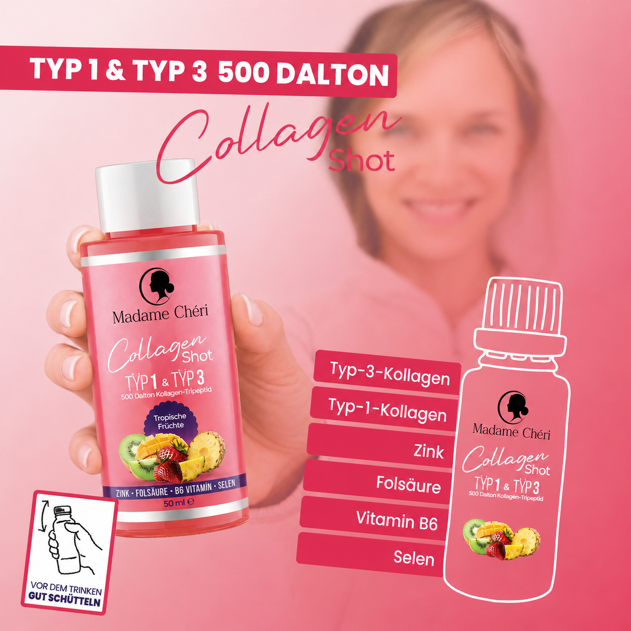 Kollagen Shot Display mit 10 Shots á 50g – Dein täglicher Beauty-Moment