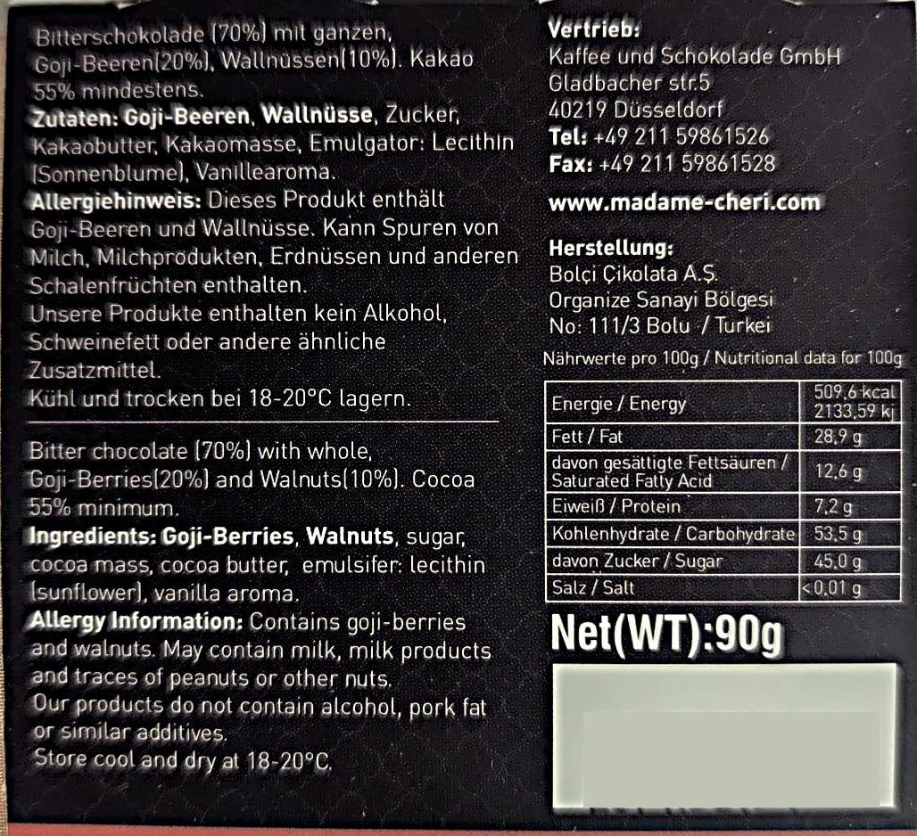 Zartbitter Schokolade mit Walnüssen & Goji-Beeren (90g)