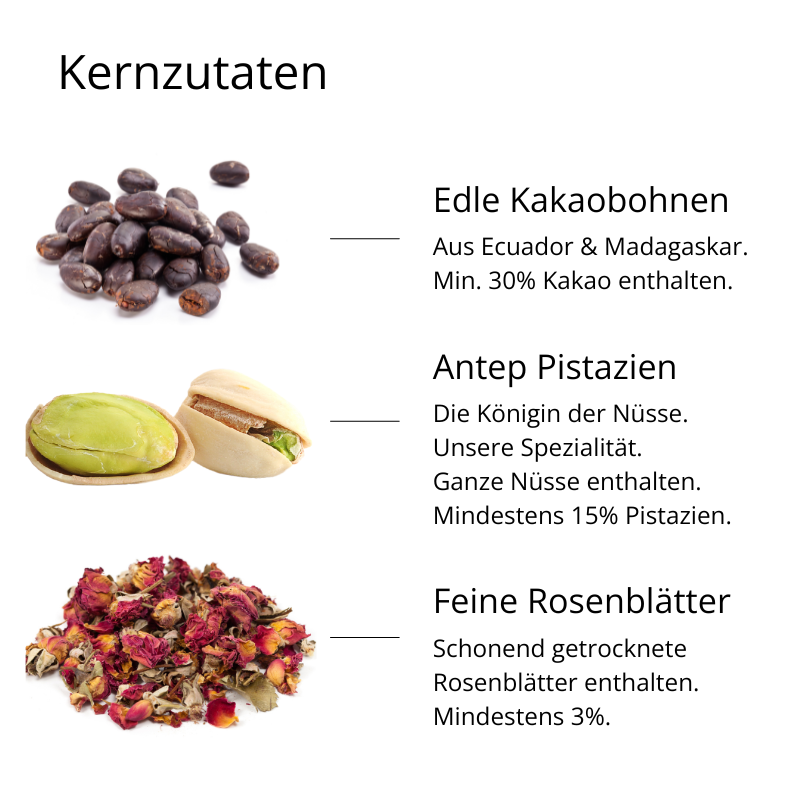 Vollmilch Schokolade mit Pistazien & Rose (90g)