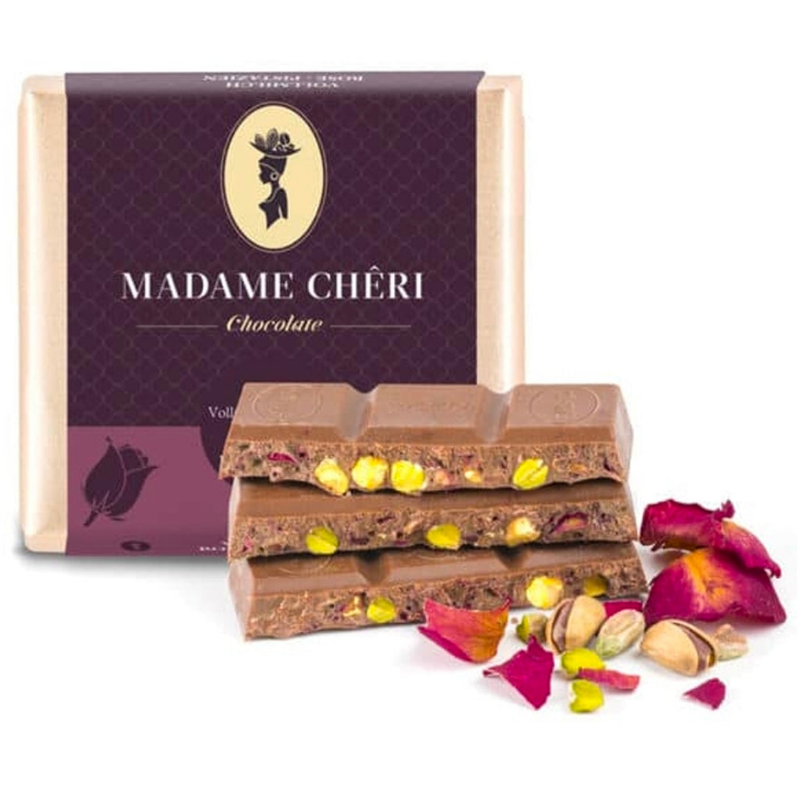 Vollmilch Schokolade mit Pistazien & Rose (90g)