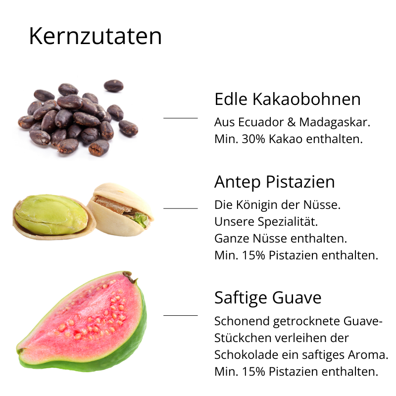 Vollmilch Schokolade mit Pistazien &amp; Guave (90g)