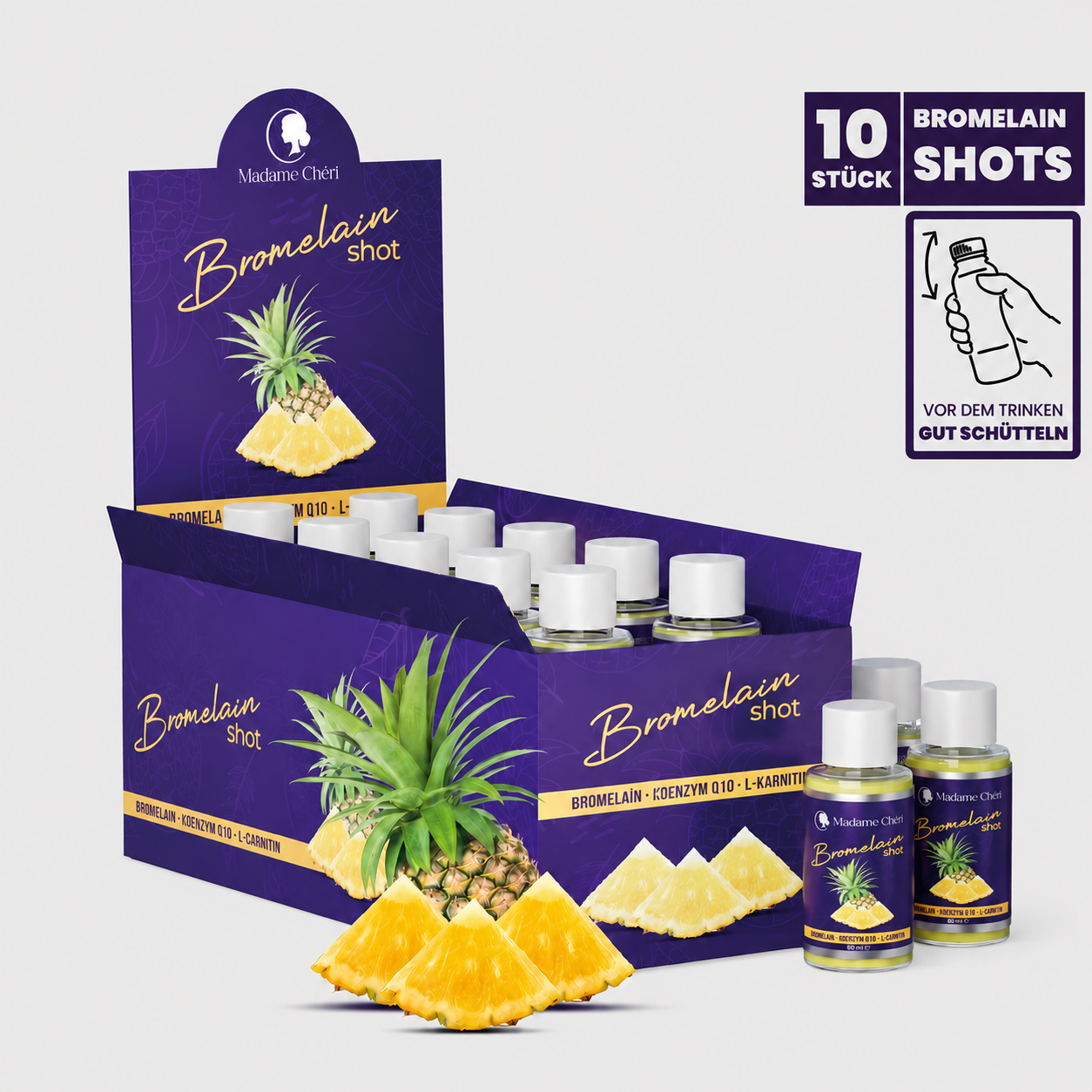 Bromelain Shot Display mit 10 Shots á 50g – tropische Kraft, clever kombiniert