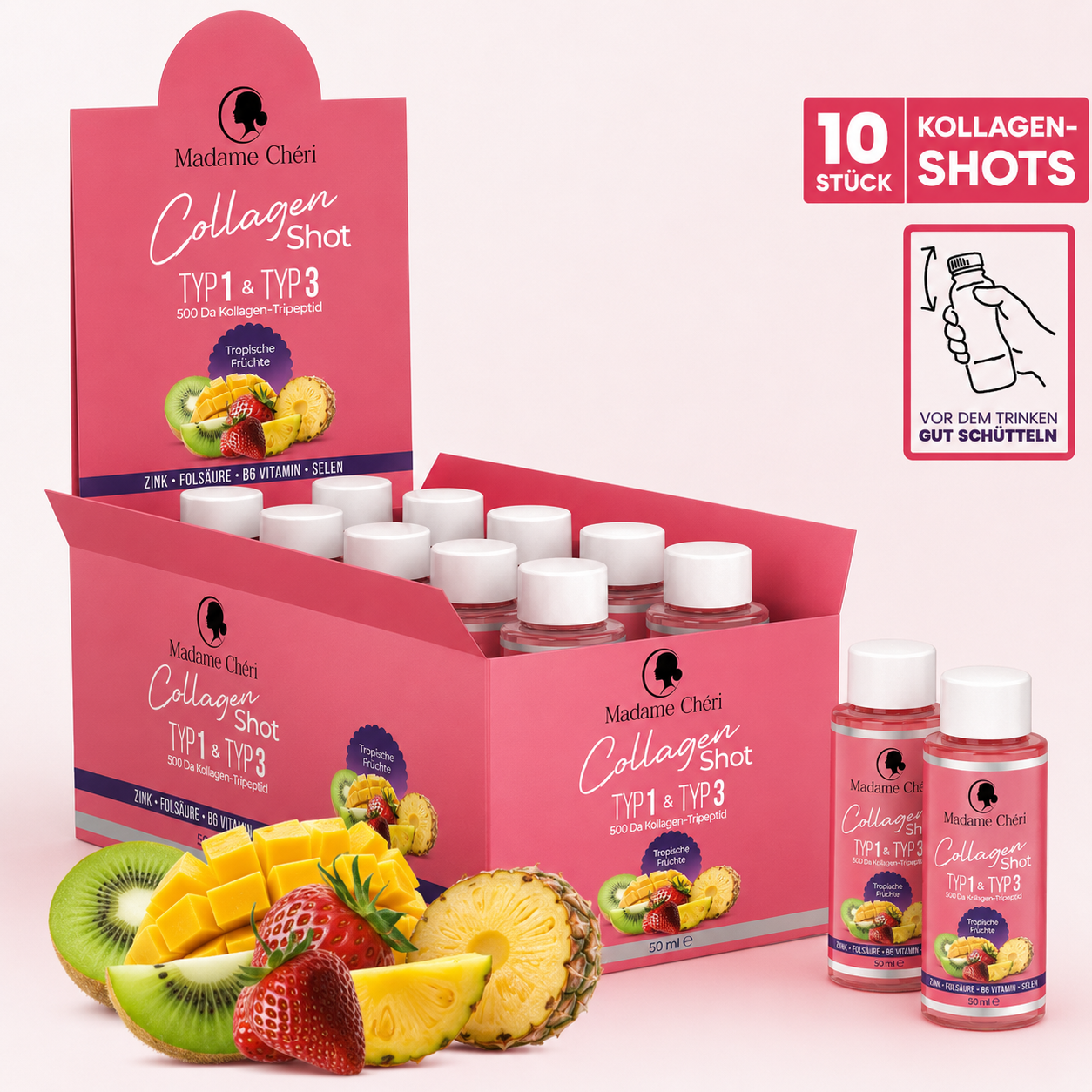 Kollagen Shot Display mit 10 Shots á 50g – Dein täglicher Beauty-Moment