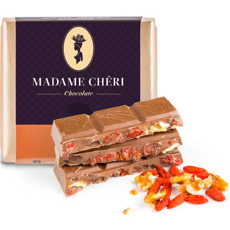 Zartbitter Schokolade mit Walnüssen & Goji-Beeren (90g)