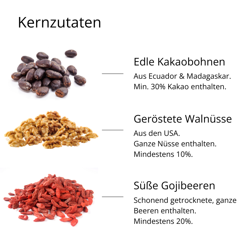 Zartbitter Schokolade mit Walnüssen &amp; Goji-Beeren (90g)