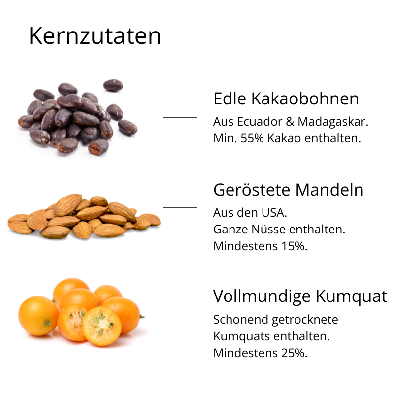 Zartbitter Schokolade mit Mandeln & Kumquats (90g)